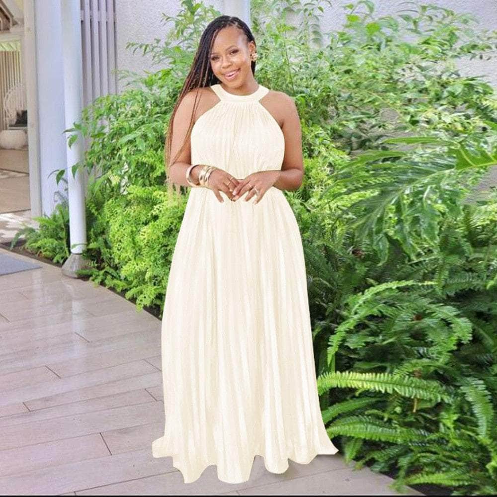 Cap Point Beige / S Modimo Pleated Sleeveless Halter Neck Loose Big Swing Maxi Dress