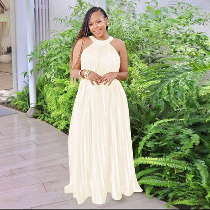 Cap Point Beige / S Modimo Pleated Sleeveless Halter Neck Loose Big Swing Maxi Dress