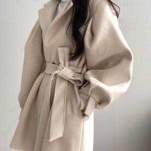 Cap Point beige-thicken / S Julienne Trendy Fashionable Wool Blend Chunky Waist V-Neck Coat