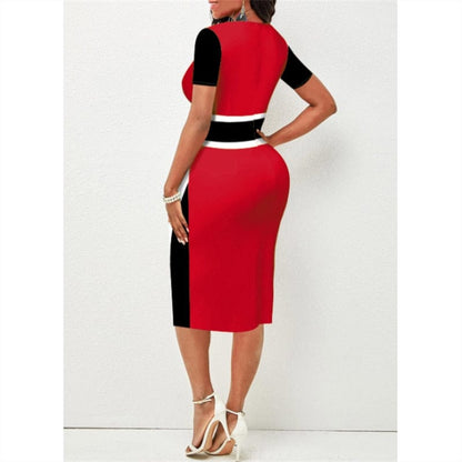 Cap Point Belinda High Waist Patchwork Printing V-Neck Elegant Short Sleeve Midi Dress
