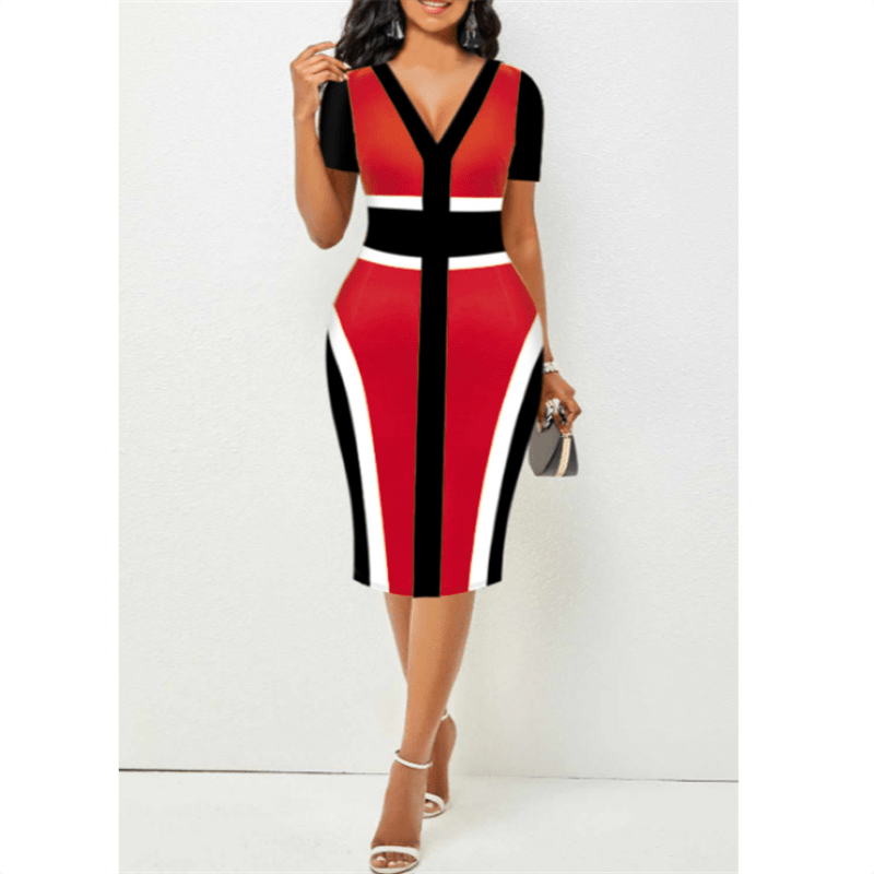 Cap Point Belinda High Waist Patchwork Printing V-Neck Elegant Short Sleeve Midi Dress