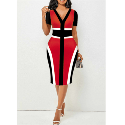 Cap Point Belinda High Waist Patchwork Printing V-Neck Elegant Short Sleeve Midi Dress