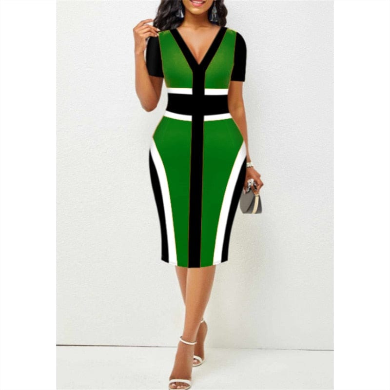 Cap Point Belinda High Waist Patchwork Printing V-Neck Elegant Short Sleeve Midi Dress