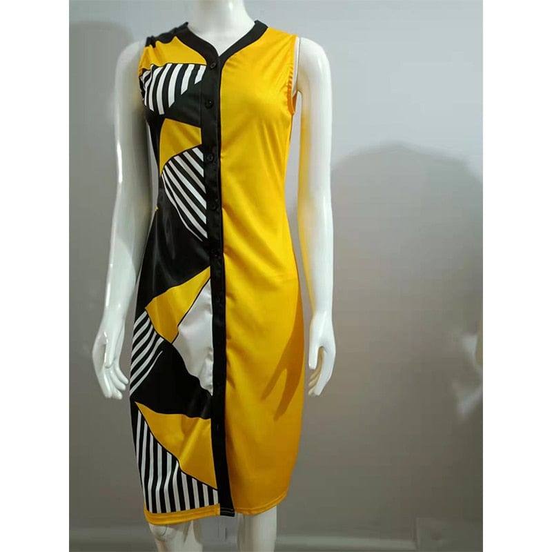 Cap Point Belinda Sexy V-Neck High Waist Slit Patchwork Sleeveless Midi Dress
