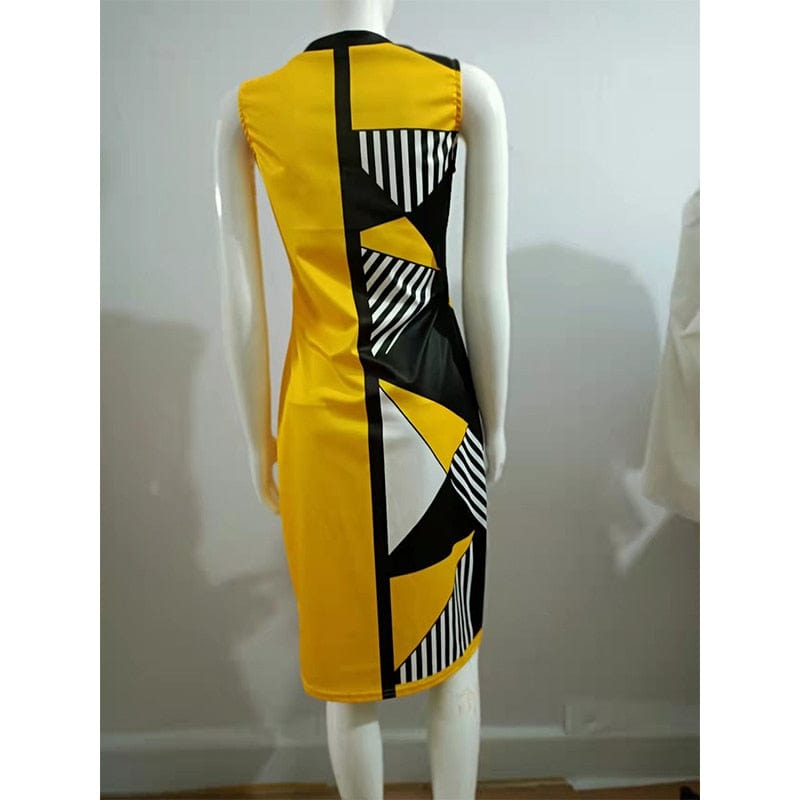 Cap Point Belinda Sexy V-Neck High Waist Slit Patchwork Sleeveless Midi Dress