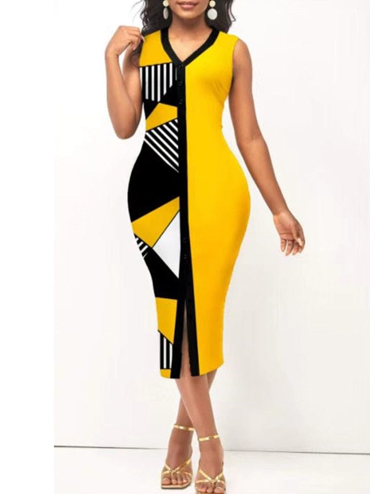 Cap Point Belinda Sexy V-Neck High Waist Slit Patchwork Sleeveless Midi Dress