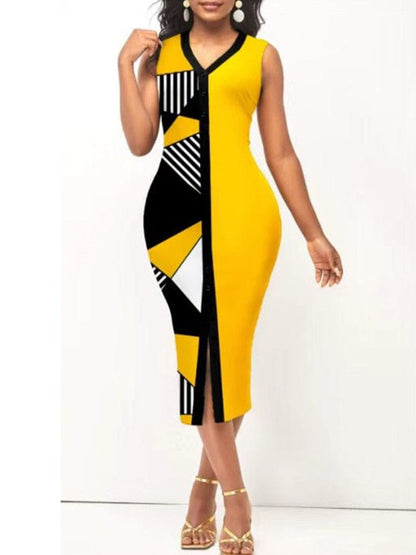 Cap Point Belinda Sexy V-Neck High Waist Slit Patchwork Sleeveless Midi Dress