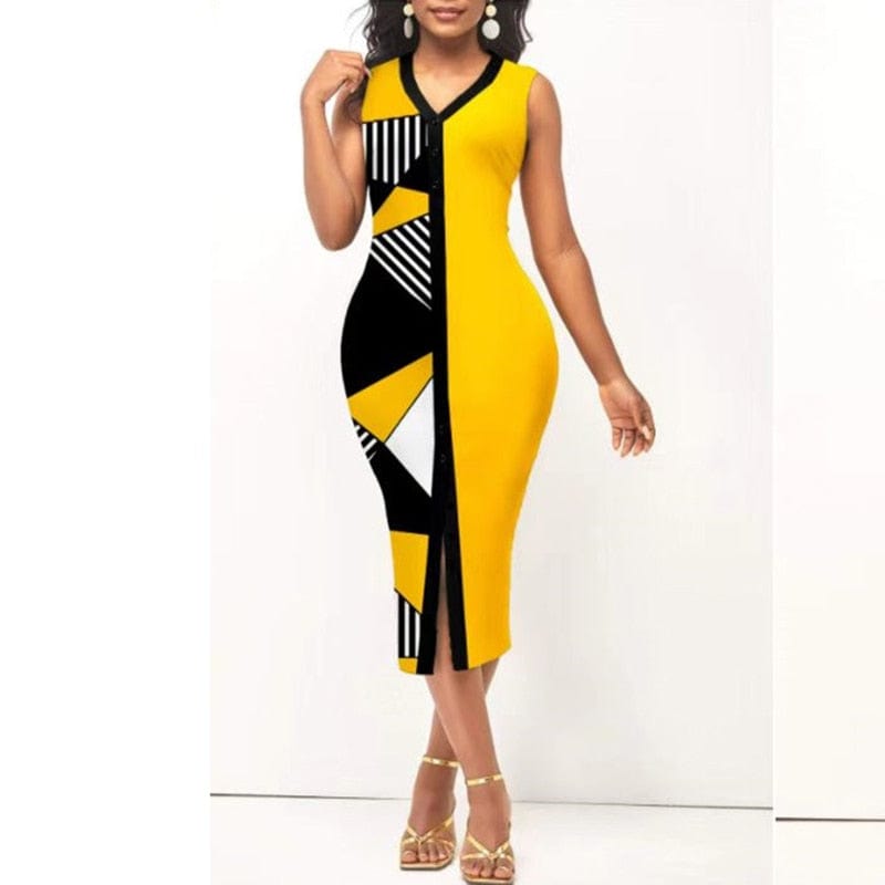 Cap Point Belinda Sexy V-Neck High Waist Slit Patchwork Sleeveless Midi Dress