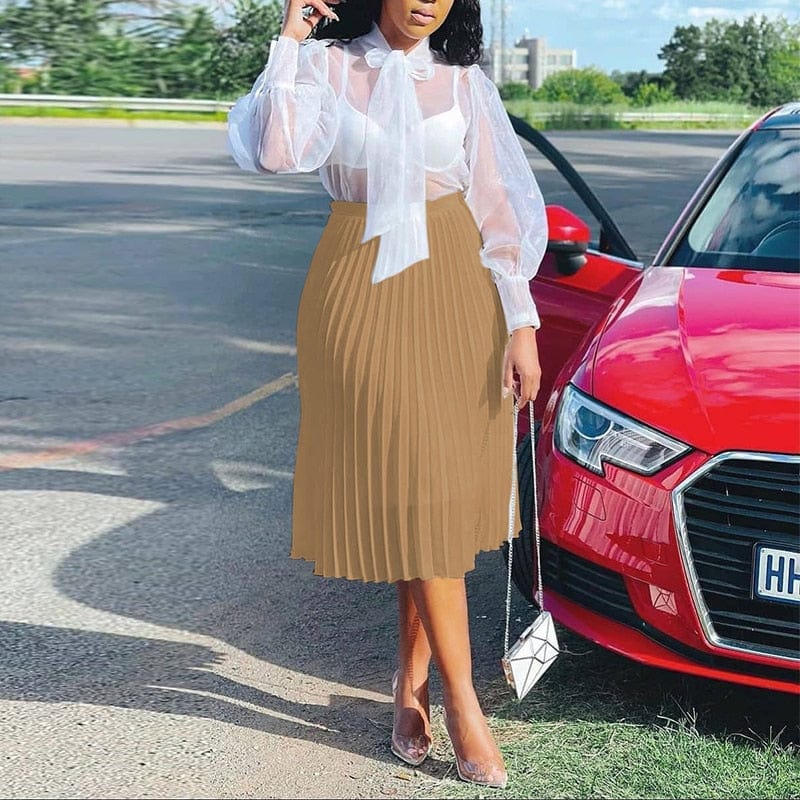 Cap Point Belline High Waist Pleasted Casual Chic Midi Skirt