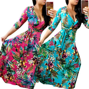 Cap Point Benita Sexy Bohemian Splicing Floral Print Sleeve Maxi Bodycon Dress