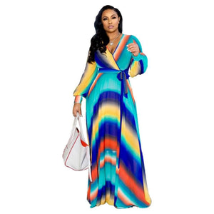 Cap Point Benita Summer V-Neck Print Sashes Long Maxi Dress