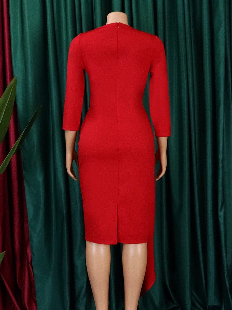 Cap Point Bianca Elegant Three Quater Sleeves Folds Asymmetrical Party Midi Dress
