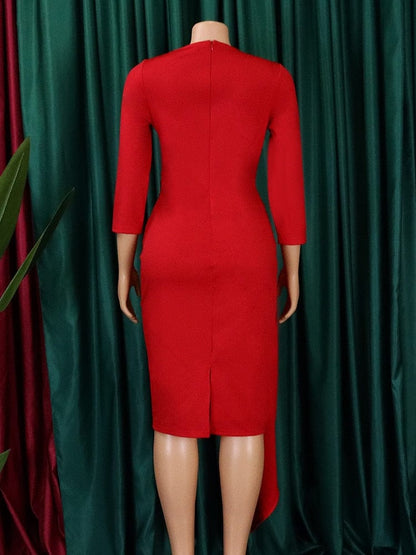 Cap Point Bianca Elegant Three Quater Sleeves Folds Asymmetrical Party Midi Dress