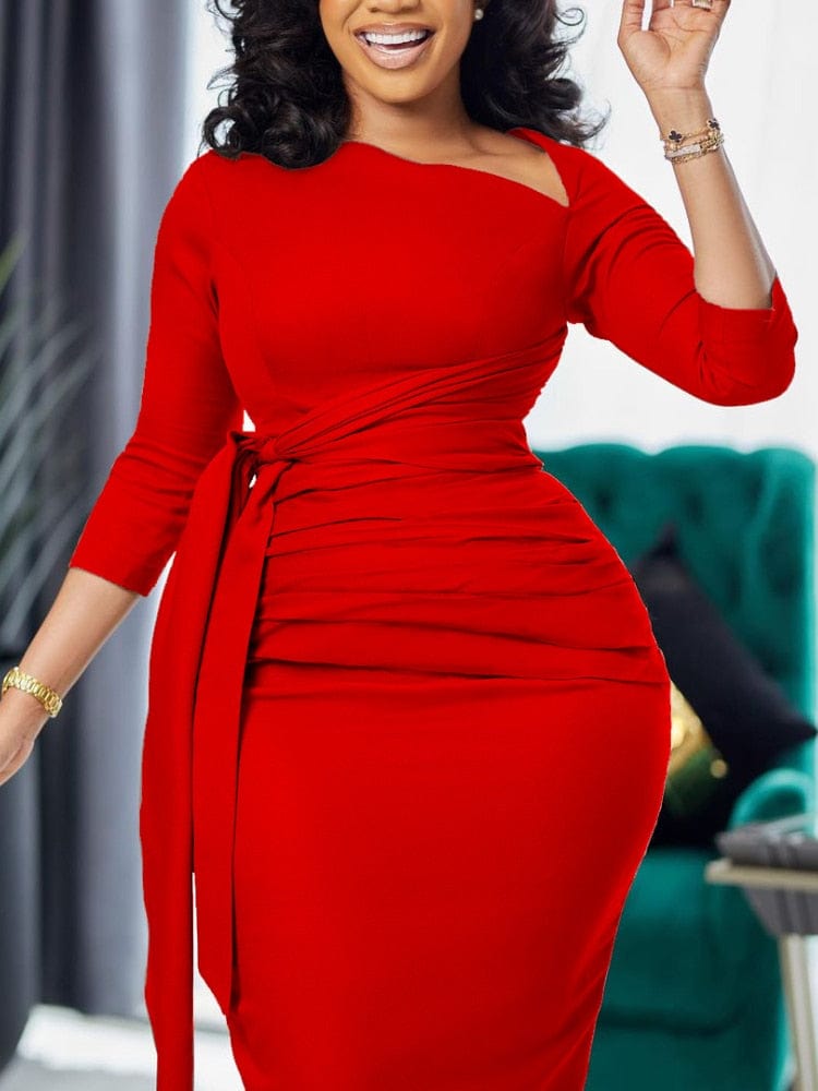 Cap Point Bianca Elegant Three Quater Sleeves Folds Asymmetrical Party Midi Dress
