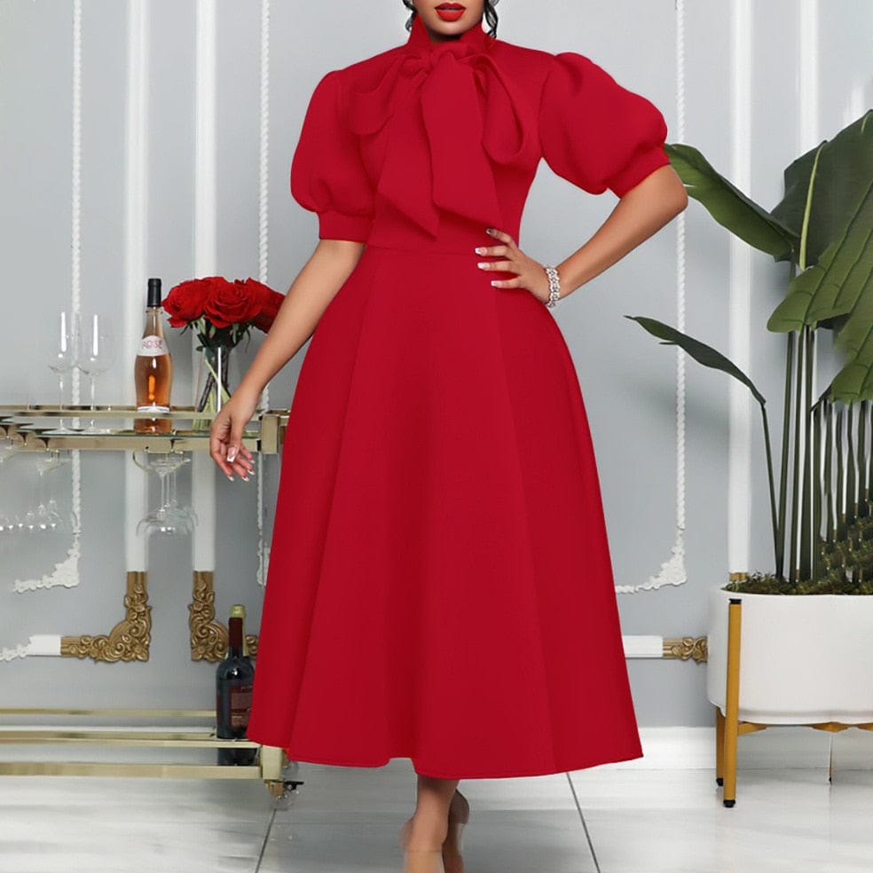 Cap Point Bijoux Short-sleeved high-waisted bow tie trapeze dress