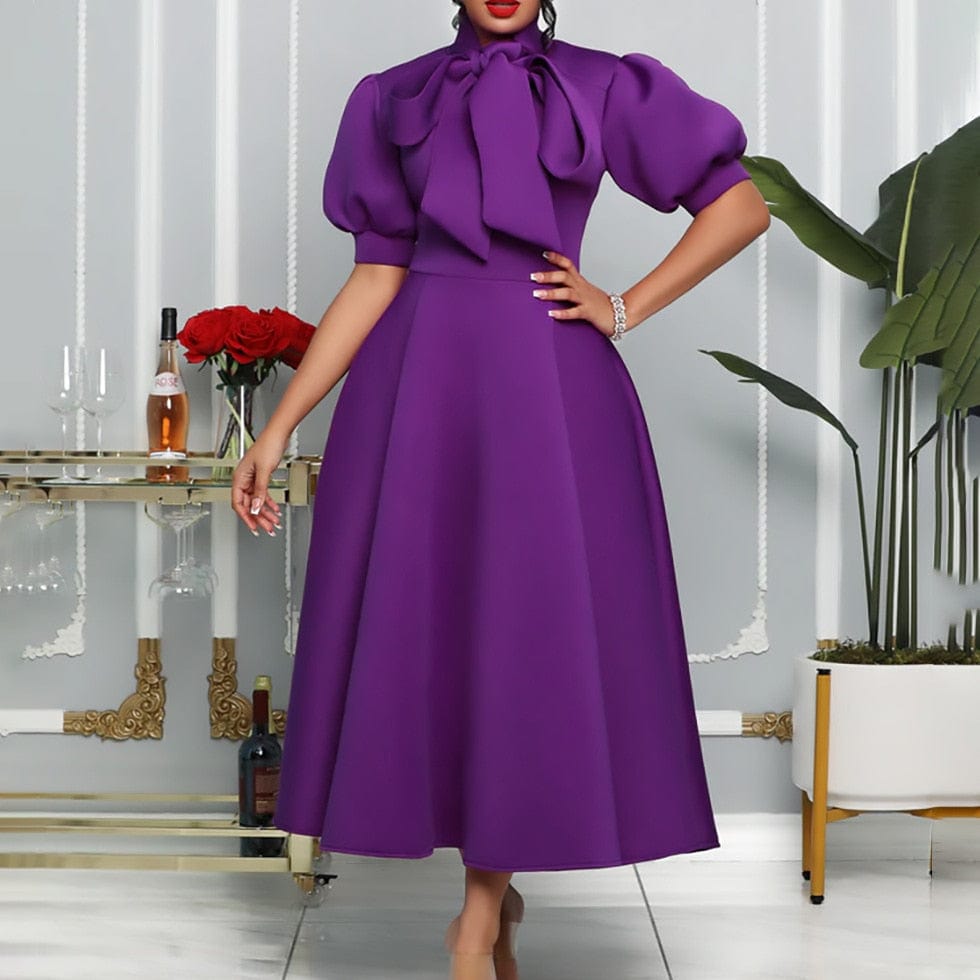 Cap Point Bijoux Short-sleeved high-waisted bow tie trapeze dress