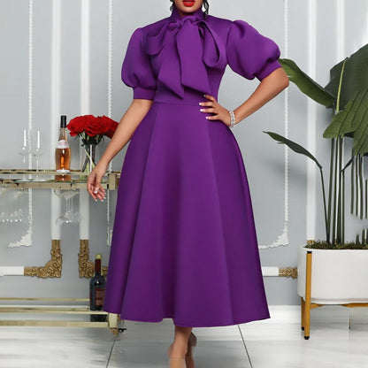 Cap Point Bijoux Short-sleeved high-waisted bow tie trapeze dress