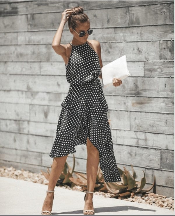Cap Point black 1 / S Madeline Summer Ruffles Halter Irregular Lace Up Polka Dot Dress