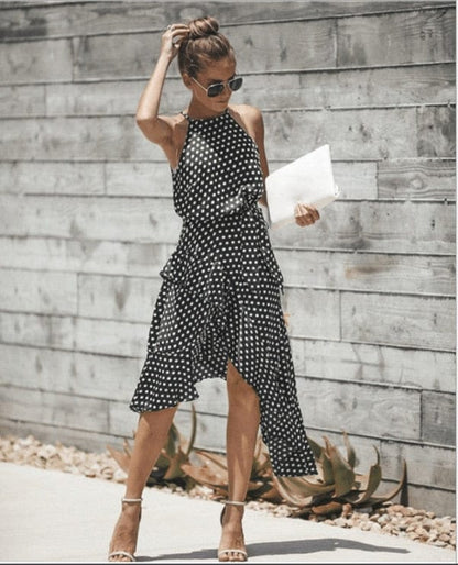 Cap Point black 1 / S Madeline Summer Ruffles Halter Irregular Lace Up Polka Dot Dress