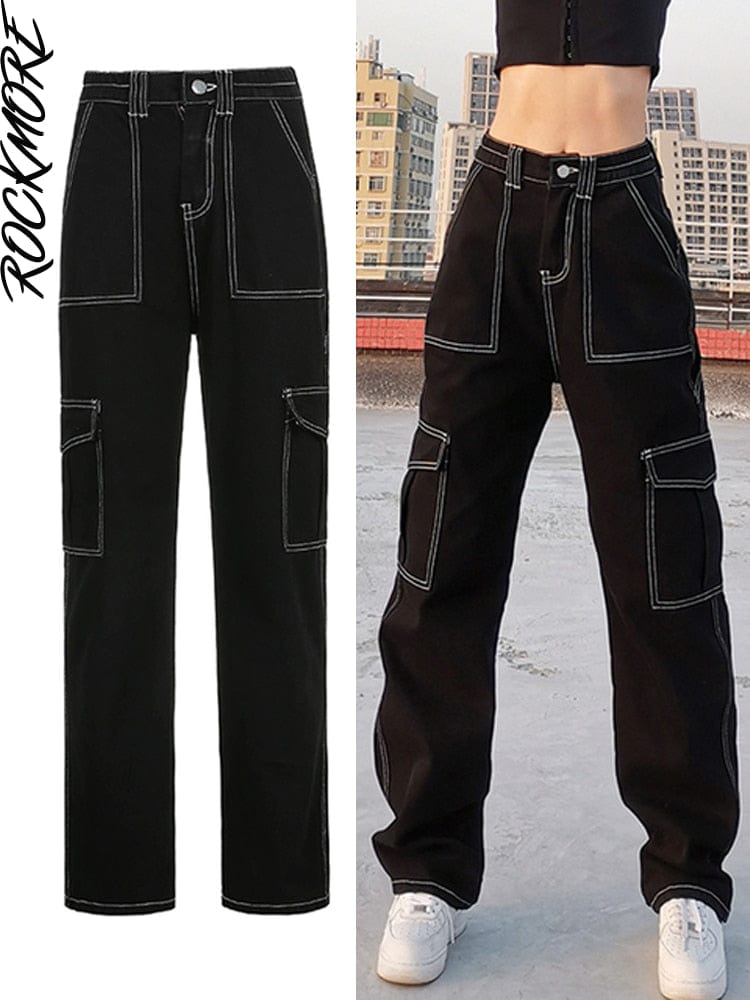 Cap Point Black 2 / S Vintage Streetwear Pockets Wide Leg Baggy Cargo Jeans Pants
