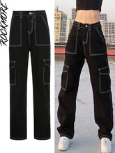 Load image into Gallery viewer, Cap Point Black 2 / S Vintage Streetwear Pockets Wide Leg Baggy Cargo Jeans Pants
