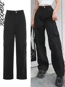 Cap Point Black 3 / S Vintage Streetwear Pockets Wide Leg Baggy Cargo Jeans Pants