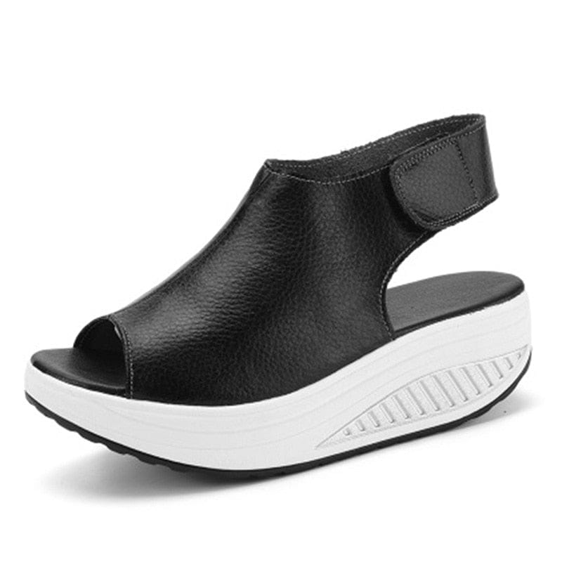 Cap Point black / 4 Casual Platform Wedges Sandals Leather Swing Peep Toe