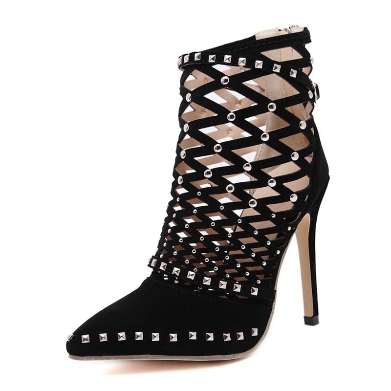 Cap Point Black / 4 Roman Gladiator Rivet Studded Cut Out Caged Ankle Sandals