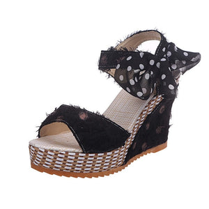 Cap Point black / 5 Carole Dot Bowknot Design Platform Wedge Ankle Strap Open Toe Sandals