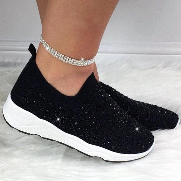 Cap Point Black / 5 Comfortable Breathable Knit Mesh Crystal Flat Sneakers