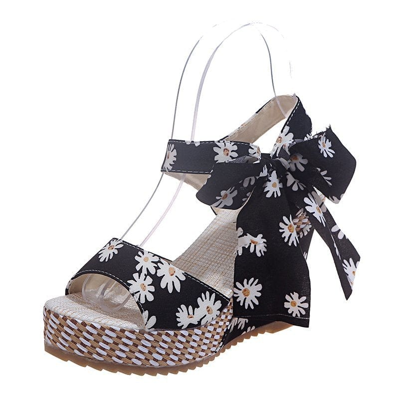 Cap Point black / 5 Hilda Dot Bowknot Design Platform Wedge Ankle Strap Open Toe Sandals