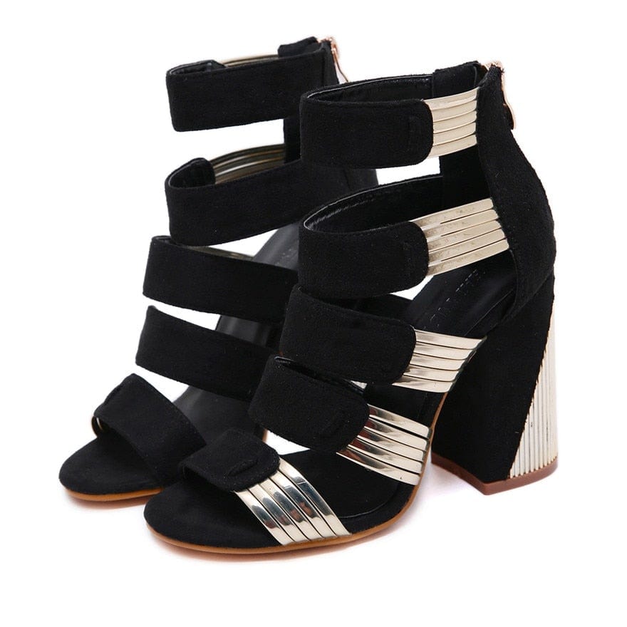 Cap Point black / 5 Square Flocked Hollow Out High Heel Gladiator Boots