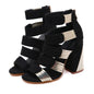 Cap Point black / 5 Square Flocked Hollow Out High Heel Gladiator Boots
