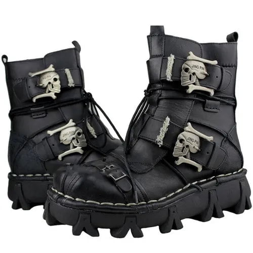 Cap Point black / 7 / China Men's Cowboy Genuine Leather Motorcycle Boots