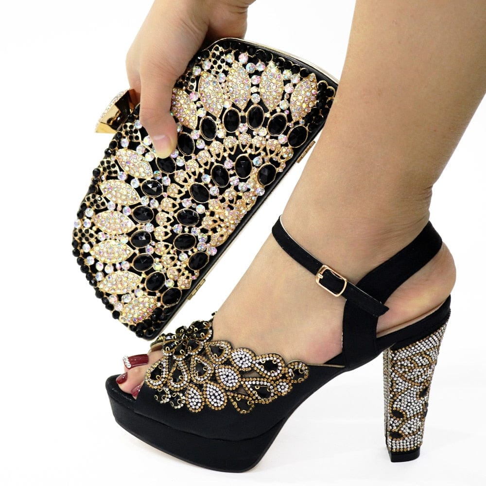 Cap Point black / 7 Monisa Desgin Sandal Shoes Evening Matching Bag Handbag Set