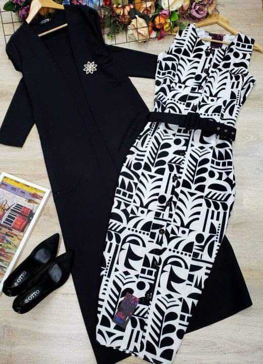 Cap Point Black / 8 Office Wear Two Piece Slim Printed Dress And  Full Sleeve Blazer