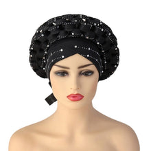 Load image into Gallery viewer, Cap Point Black / adjustable Diamonds African Pattern Pre-Tied Bonnet Turban Knot Headwrap
