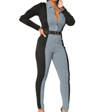 Load image into Gallery viewer, Cap Point black and gray / S Natasha Colorblock Print Zip Ribbed Full Sleeve Turn Down Collar Romper
