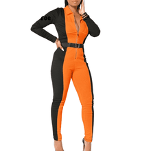 Load image into Gallery viewer, Cap Point black and orange / S Natasha Colorblock Print Zip Ribbed Full Sleeve Turn Down Collar Romper
