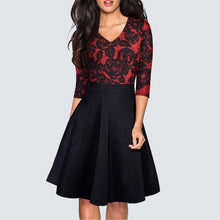 Load image into Gallery viewer, Cap Point Black And Red Floral / S New Vintage Stylish Floral Lace Patchwork Black Party Dress
