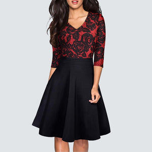 Cap Point Black And Red Floral / S New Vintage Stylish Floral Lace Patchwork Black Party Dress