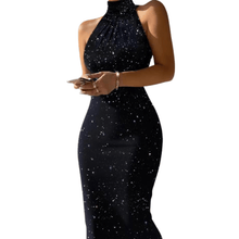 Load image into Gallery viewer, Cap Point Black / Black 1 / S Emilie Glitter High Neck Sleeveless Plain Midi Bodycon Party Dress
