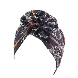 Cap Point Black Chain Printed Big Flower headscarf