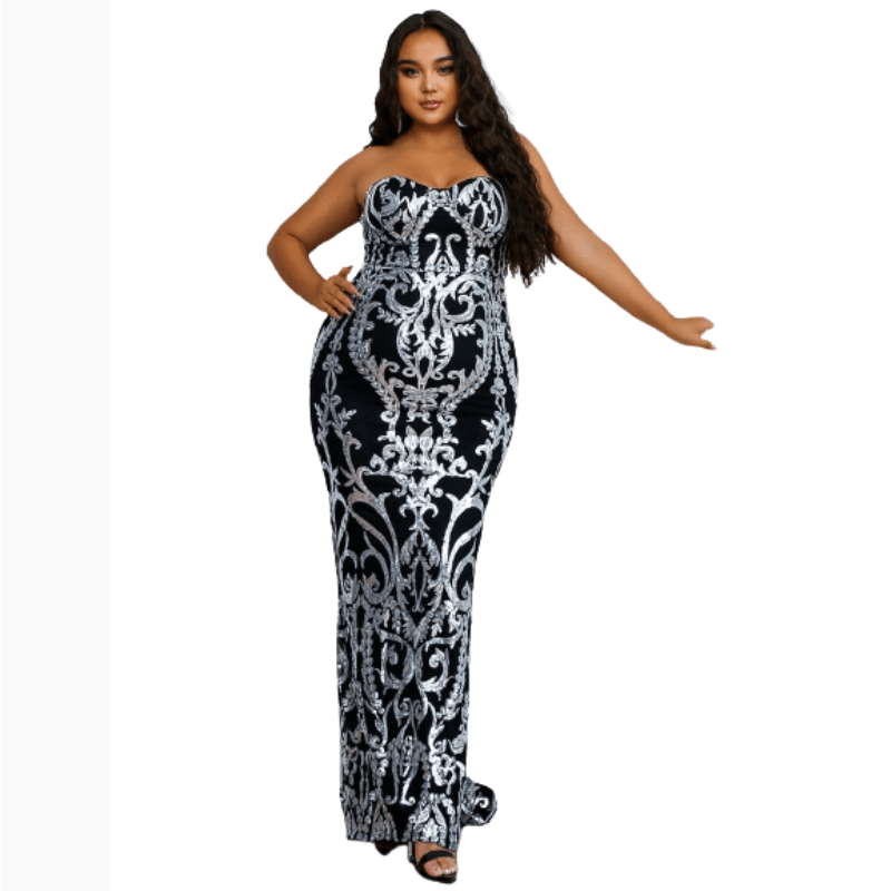 Cap Point Black / L / 158-185 Naella Plus Size Floor Length Sequins Bustier Tube Dress