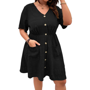 Cap Point Black / L Joelle Plus Size Short Sleeve Single Breasted Nipped Waist Mini Dress
