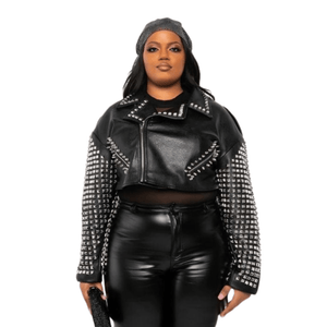 Cap Point Black / L Megan Plus Size Studded Arms Fashion Ladies Zipper PU Warm Jacket
