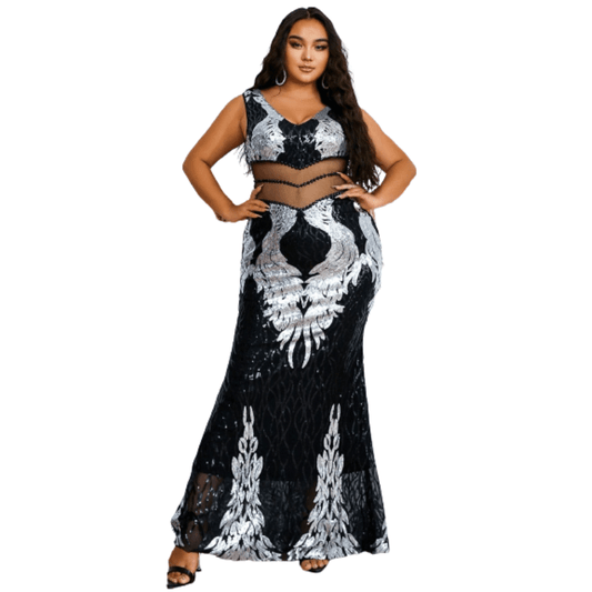 Cap Point Black / L Naella Plus Size Sequin Sexy V Neck Backless Bodycon Sleeveless Elegant Maxi Dress