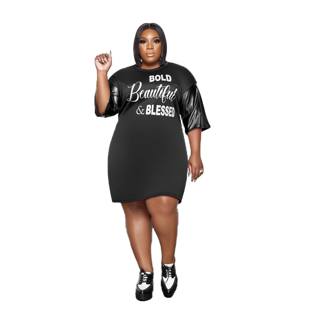 Cap Point black / L Plus Size Letter Print O Neck Loose Fashion Mini Dress