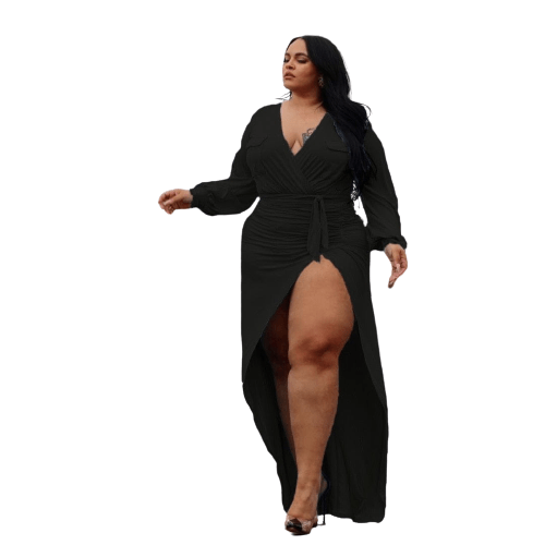 Cap Point Black / L Plus Size Solid Bandage Slit Stretch Neckline Sexy Evening Dress
