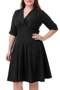 Cap Point black / L Plus size V-neck Half Sleeve A-line Midi Dress